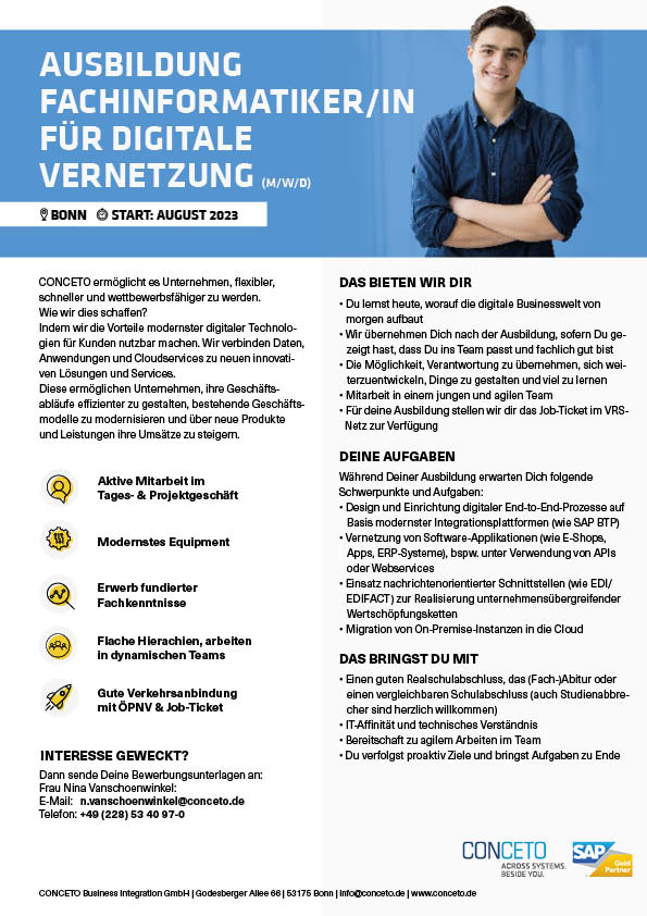 Vorschaubild der Stellenbeschreibung für die Ausbildung als Fachinformatiker für Digitale Vernetzung bei Conceto